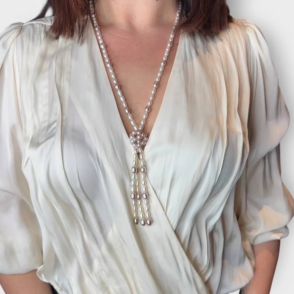 Vintage Pink & Cream Freshwater Pearl, Beaded Dangle Necklace - Picture 2 of 6